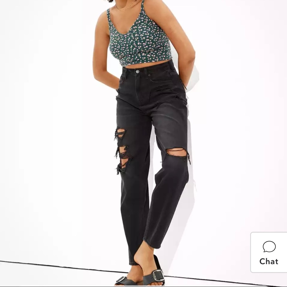 American Eagle black distressed mom jeans